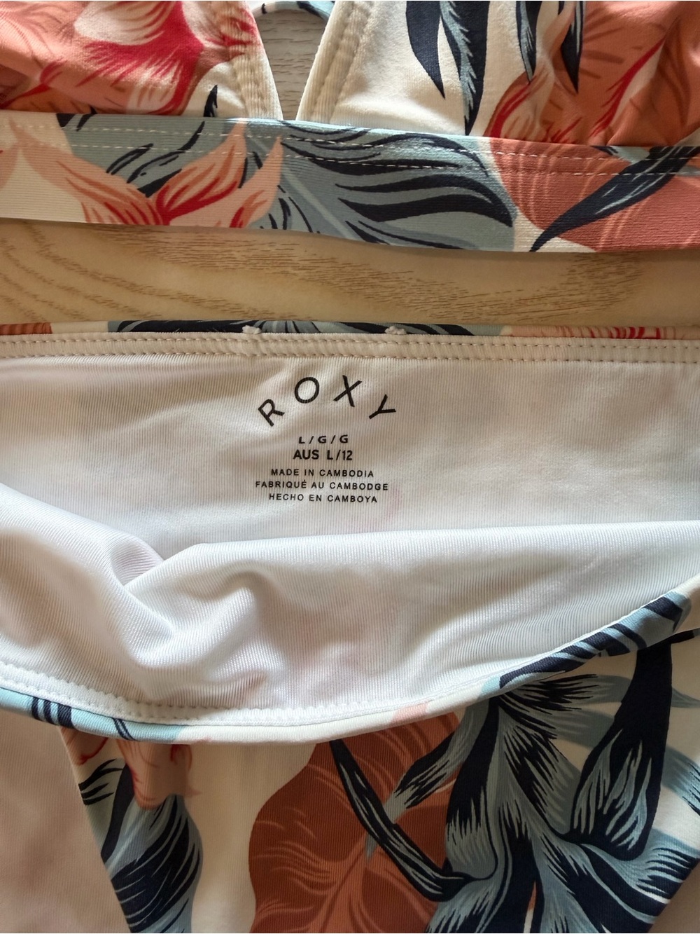 Roxy Floral Triangle Bikini Set in Cream, Coral & Navy - Picture 2 of 2